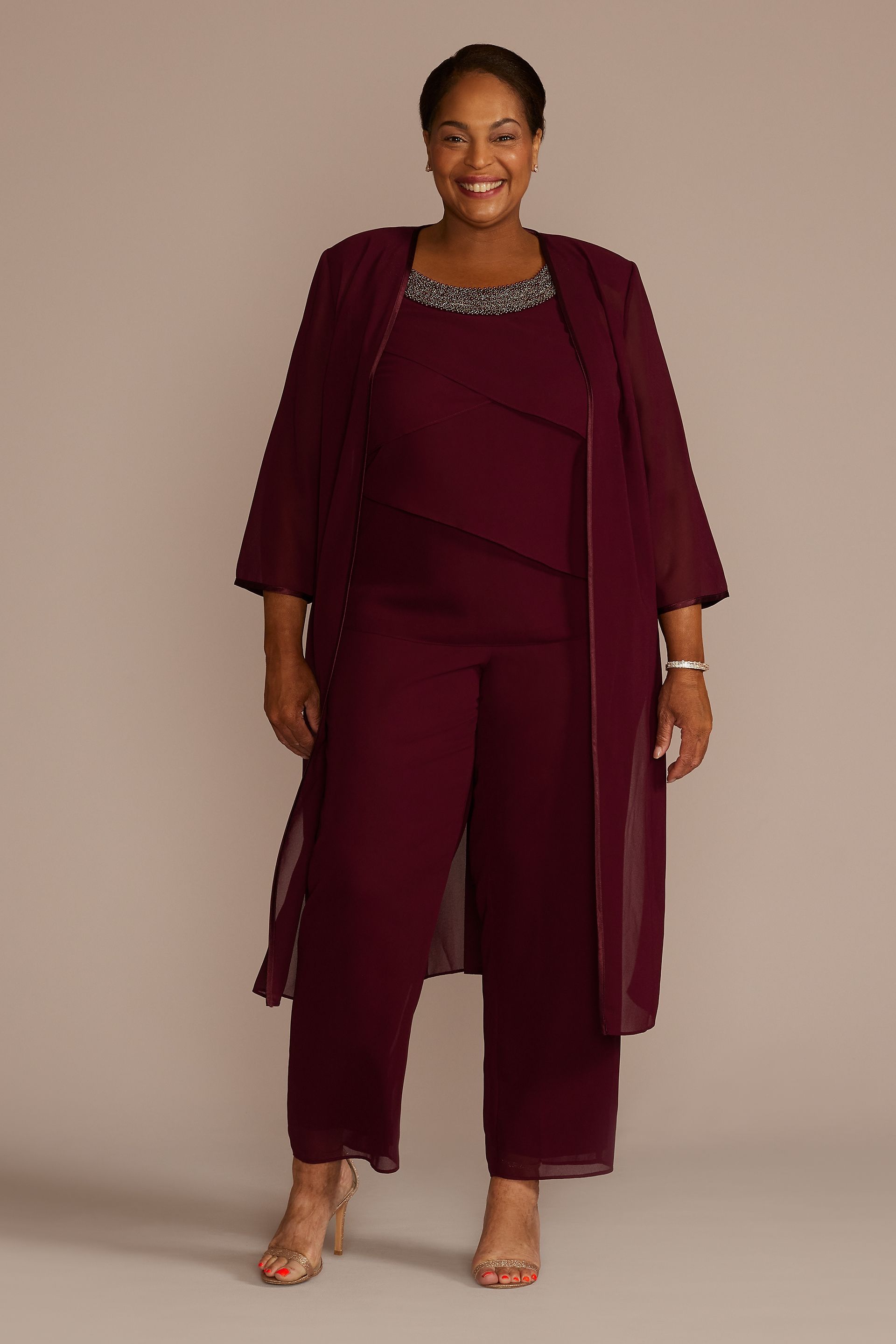 Plus Size Three-Piece Tiered Chiffon Pantsuit | David's Bridal
